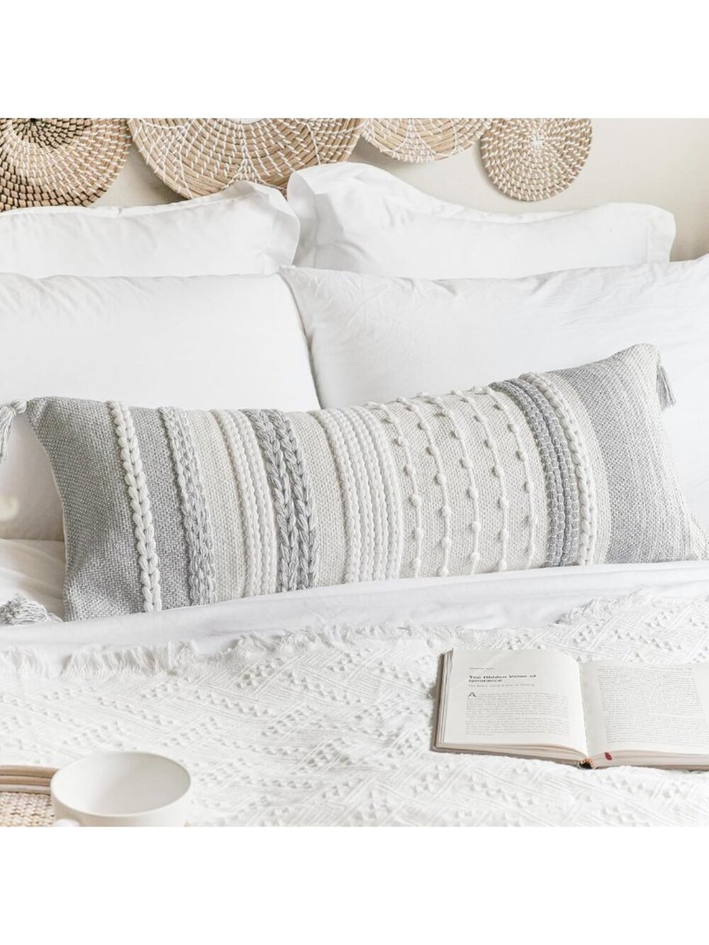 Gray Boho Lumbar Pillow Cover 14x36 | Modern Farmhouse Throw Pillowcase for